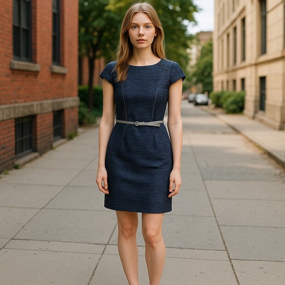 Chetta B Navy Cap Sleeve Tweed Sheath Dress Belted Classic Workwear Cocktail S 6 - Picture 1 of 7